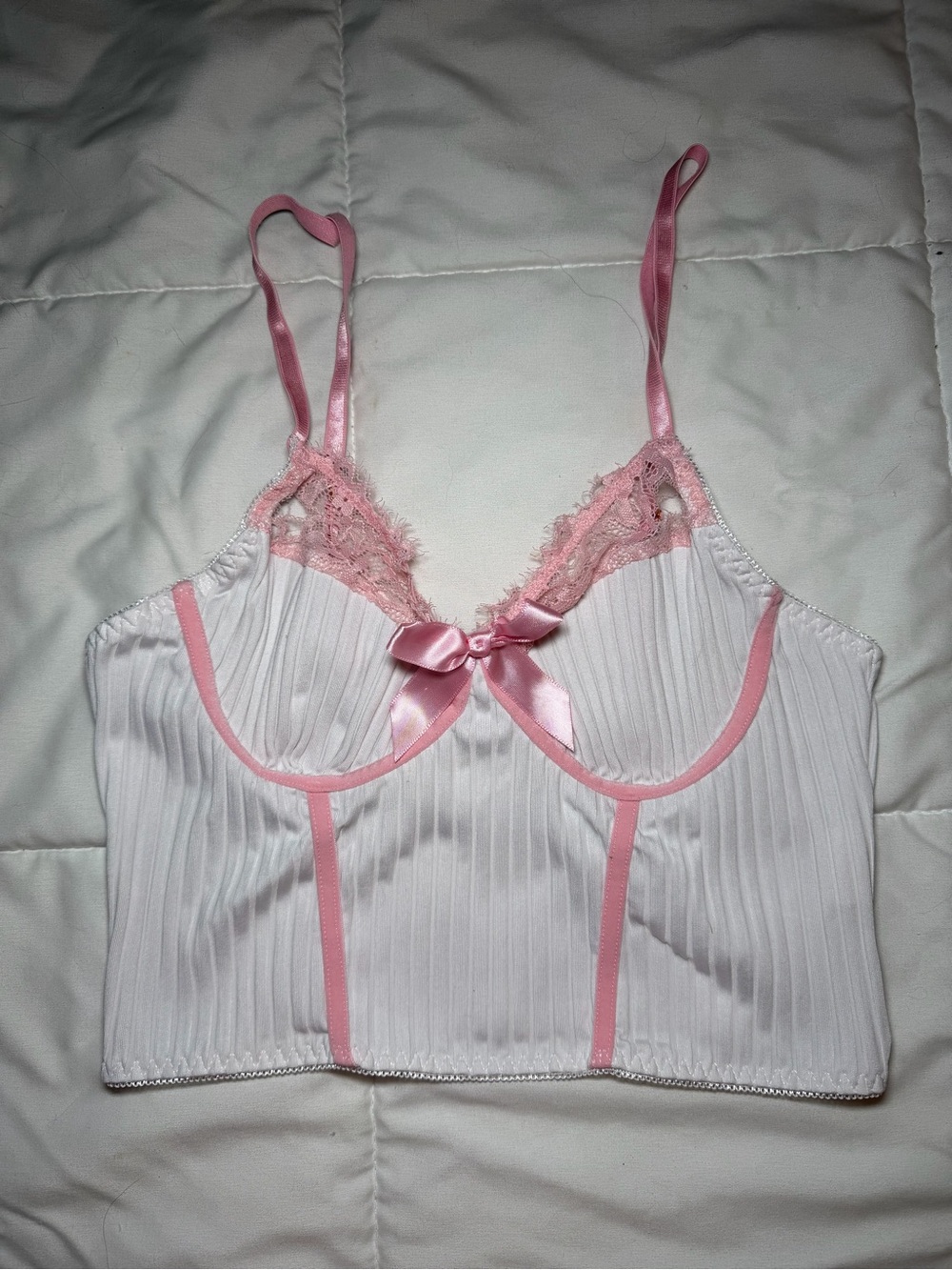 White Ribbed Crop Camisole with Pink Lace Trim